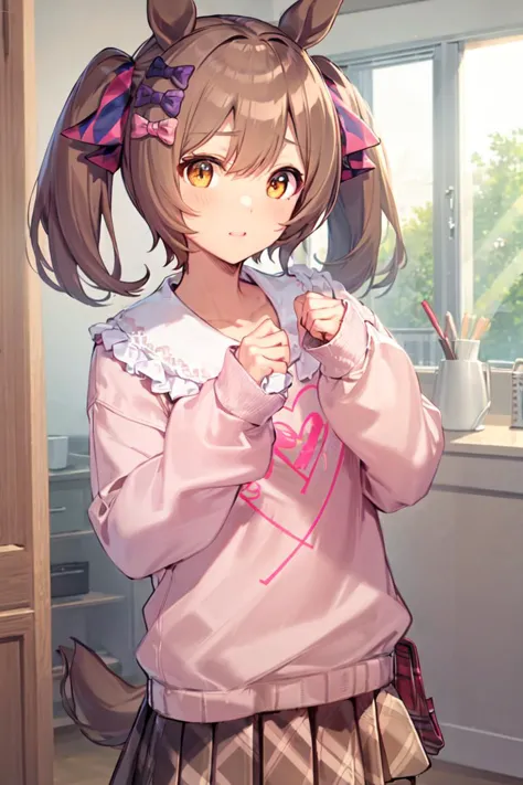 anime girl in pink shirt and skirt holding toothbrush in kitchen