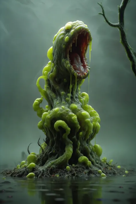 a photo in the style of Kurt Regschek, a (Calamitous Tremulous:1.5) slime mold creature of the swamp, (head of an [angry fanged toad| ( evil eel:1.9)|evil  eel with sharp teeth] ), medium tall, fangs, (medium length webbed and tentacle like arms) and ([frog legs| webbed legs]:1.4),   [ luminescent skin made of acidzlime oozes down it's back, and seaweed runs like a ridge of horns: bio-luminescent  [avocado|slime mold] skin with (seaweed spikes on it's back:1.4) :36] , : BREAK Midnight in the swamp. Spooky trees covered in moss in the background, deep depth of field, mirrored imagery of the glowing bio-luminescence, detailed hyper-realism photography,