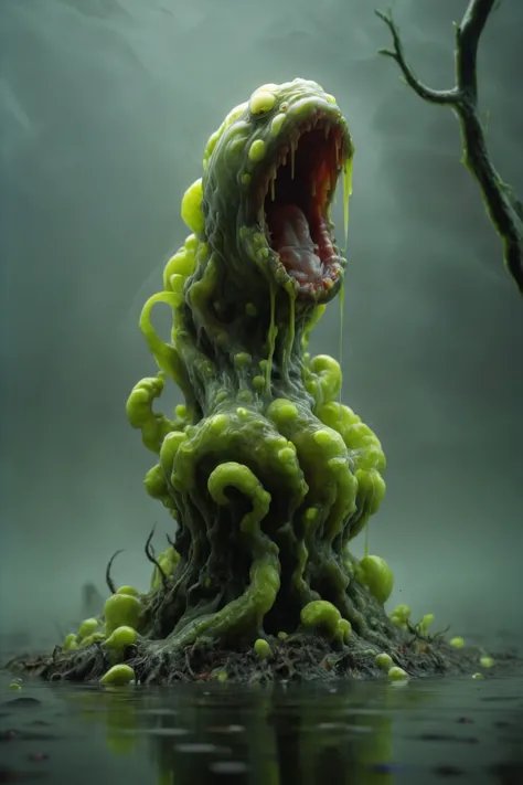 a green plant with a mouth full of water and a tree