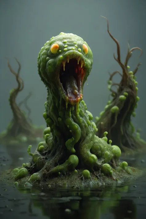 a photo in the style of Kurt Regschek, a (Calamitous Tremulous:1.5) slime mold creature of the swamp, (head of an [angry fanged toad| ( evil eel:1.9)|evil  eel with sharp teeth] ), medium tall, fangs, (medium length webbed and tentacle like arms) and ([frog legs| webbed legs]:1.4),   [ luminescent skin made of acidzlime oozes down it's back, and seaweed runs like a ridge of horns: bio-luminescent  [avocado|slime mold] skin with (seaweed spikes on it's back:1.4) :36] , : BREAK Midnight in the swamp. Spooky trees covered in moss in the background, deep depth of field, mirrored imagery of the glowing bio-luminescence, detailed hyper-realism photography,