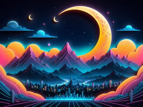 a colorful illustration of a city with mountains and a crescent