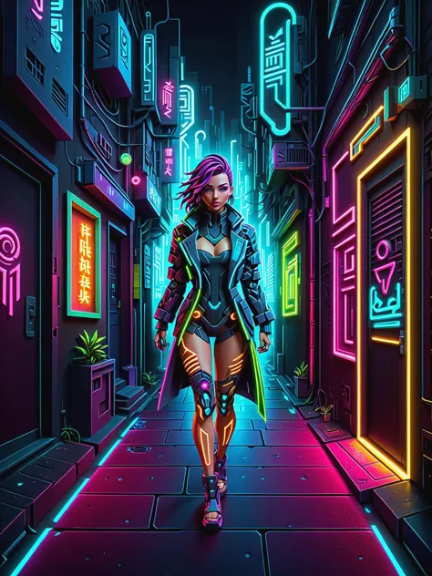 woman walking towards viewer, cyberpunk alley, glowing papercut,  mad-cybrpprct1, neon lights   <lora:Neon_Cyberpunk_Papercut_2_...