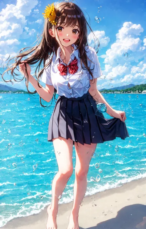 1girl, :d, air_bubble, arm_up, bangs, bare_legs, barefoot, beach, blue_skirt, blue_sky, blush, boat, bow, bowtie, breast_pocket,...