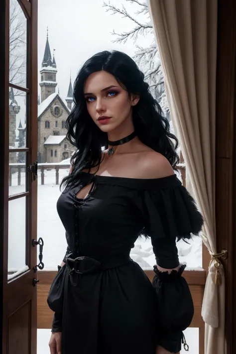 a woman in a black dress standing in front of a window