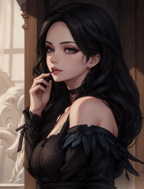 YenneferWitcher, 1girl, black hair, solo, choker, long hair, purple eyes, looking at viewer, black choker, makeup, lips, closed ...