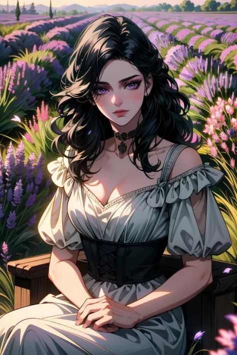 ((ultra detailed, masterpiece, best quality))
 <lora:W3Yennefer:0.8>
W3Yennefer, 1girl, solo, purple eyes, dress, Within a field of lavender, serene seated pose, soft morning light, with rows of lavender creating a serene and fragrant atmosphere