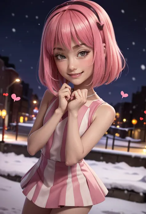 a woman with pink hair and a pink dress posing in the snow