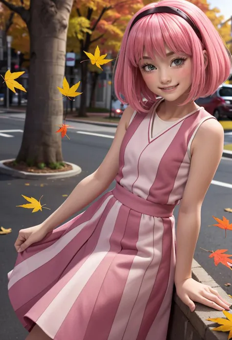 a close up of a woman with pink hair wearing a dress