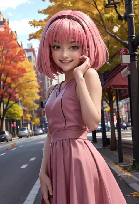 a close up of a woman in a pink dress on a city street