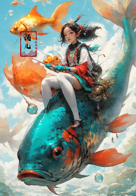 super vista, super wide Anglebubblecloudy sky,(Cyan sky:1.3)
goldfish1girl a girl riding on a large goldfish,  (white thigh...
