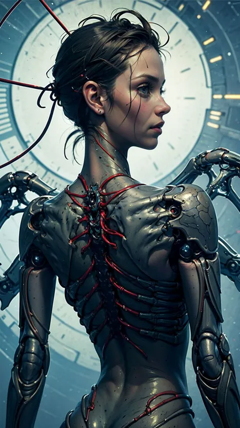 Horror-themed , (masterpiece:1.3), (best quality:1.3), biogan, biopunk, hyperrealistic portrait of a biomechanical woman with in...