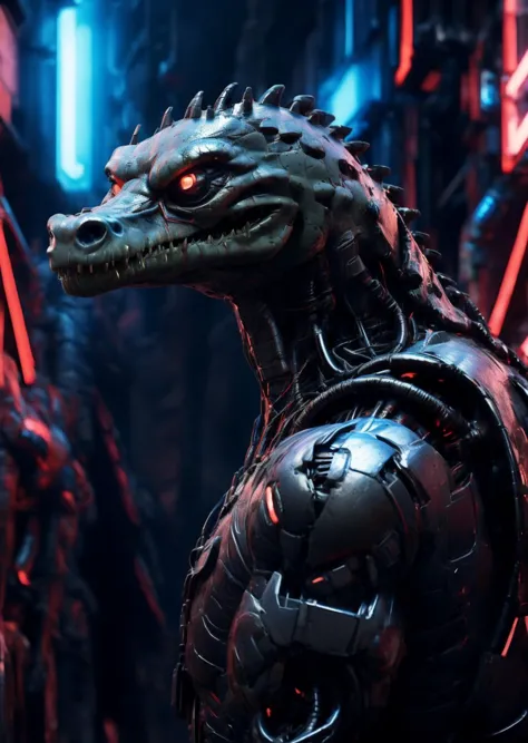 ((terminator)), side view, city, ((biogan)), ((((cyber)))), (smiling crocodile in a red jacket),real,detailed,detailed eyes,deta...