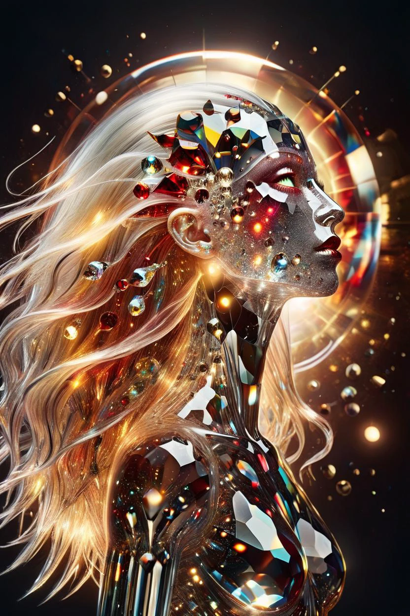 描繪了一個抽象的水晶外星女人, 極長飄逸紅色水晶髮, 紅寶石與黑曜石的眼睛, 側視, 轮廓, 誘人的動態姿勢, 黑洞, 超空間, 背景中的水晶爆炸, 量子重力, 令人着迷的艺术, 深度, 线性透视, 黄色光环, 空間中的三角形, 絲網印刷風格, 生動的幻覺, 变形, 形狀轉變, 形狀轉變ing,  沉浸式氛圍, 沉浸式藝術, 阿里·巴尼薩德爾 + 彼特·蒙德里安 + 薩爾瓦多·達利 Cimema4D 渲染, 玻璃:2 拉爾-crztlgls