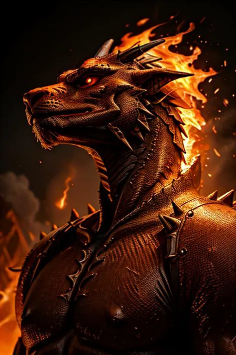 a close up of a dragon with fire on its head