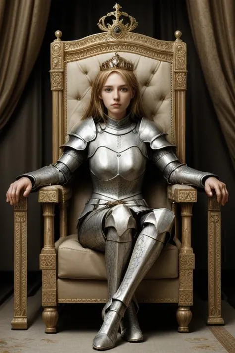 a woman in a silver suit sitting on a chair with a crown