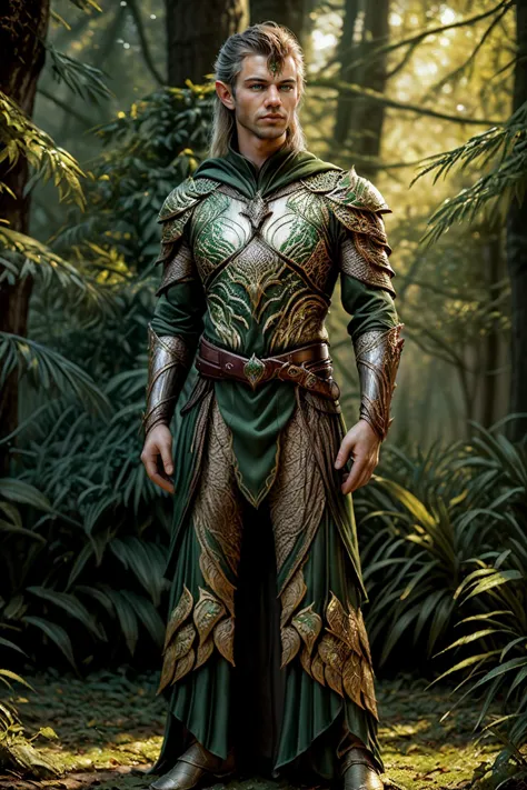 a man in a green costume standing in a forest