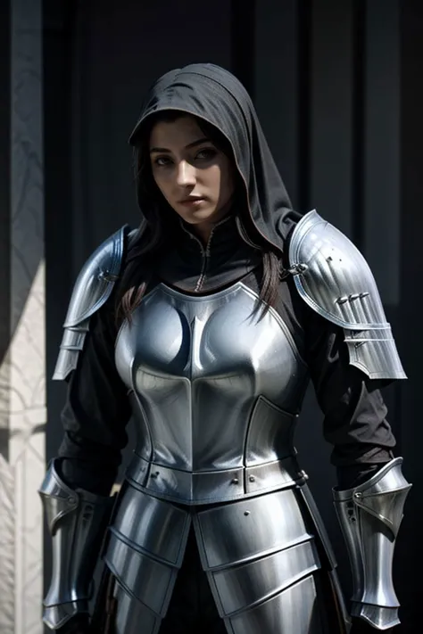 a close up of a woman in a silver armor outfit