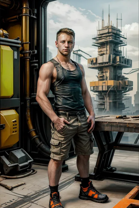 arafed man in a tank top and cargo shorts standing in a building