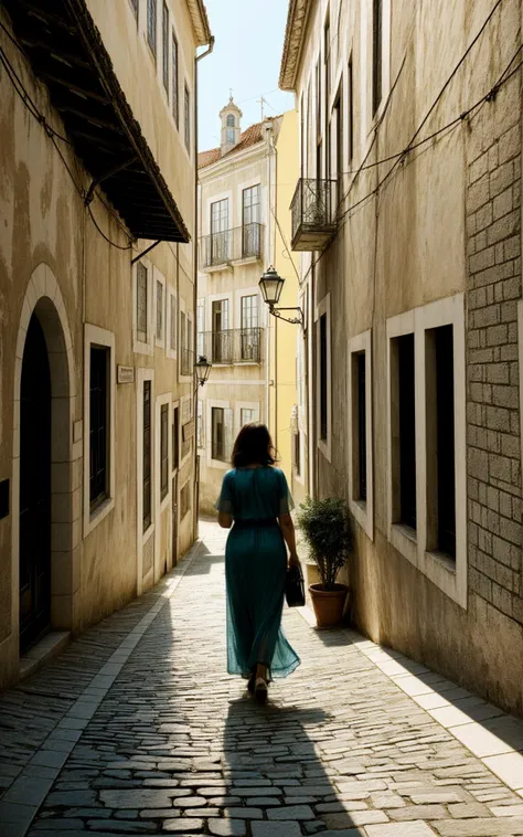 arafed woman walking down a narrow street in a blue dress