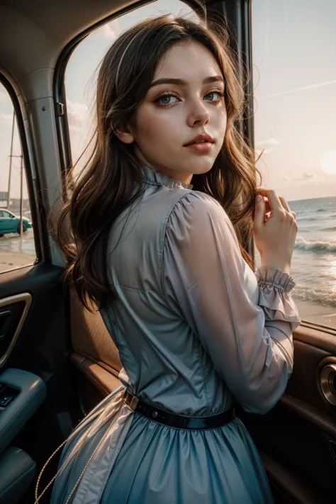 a woman in a blue dress sitting in a car looking out the window