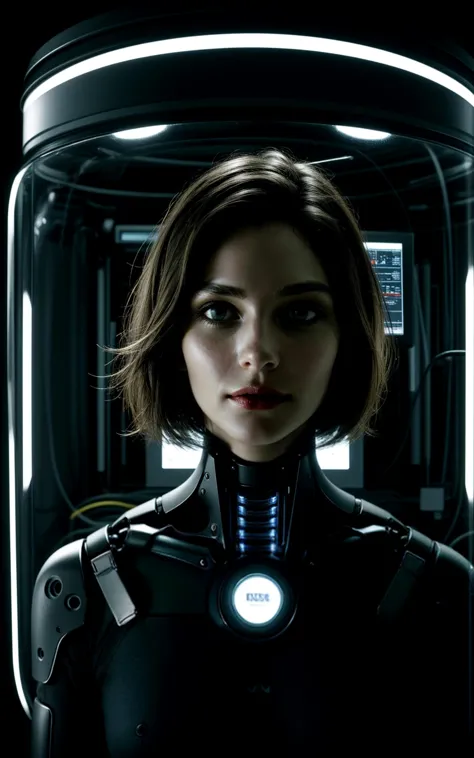 a close up of a woman in a futuristic suit with a glowing light