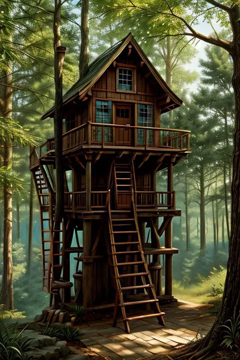 a painting of a tree house in the woods with a ladder