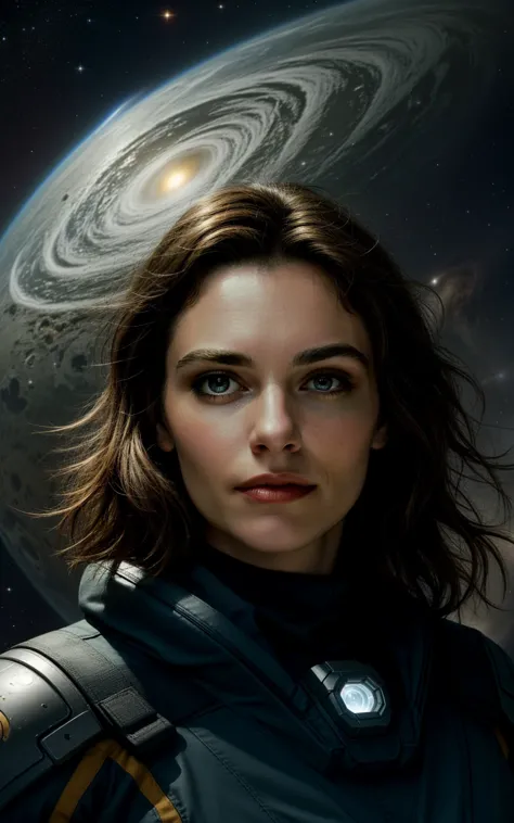 a woman in a space suit standing in front of a galaxy