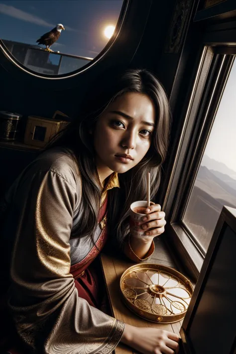 arafed woman sitting at a table with a plate of food and a cup