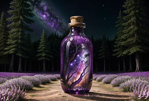 purple bottle with a galaxy inside sitting in a field of lavender