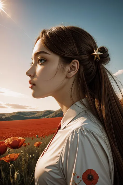 a woman with long hair standing in a field of red flowers