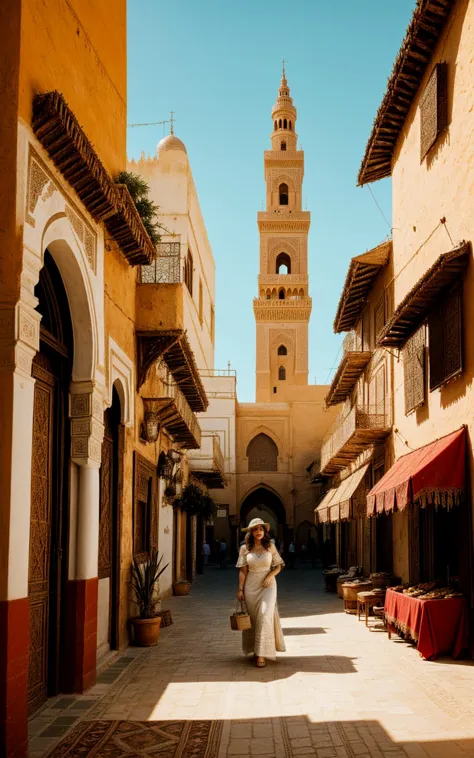 araffe walking down a narrow street with a tall tower in the background