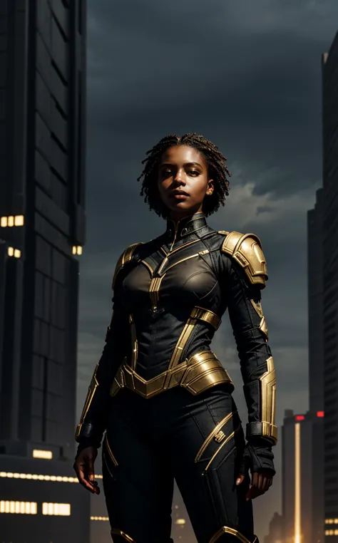 a woman in a black and gold outfit standing in front of a city