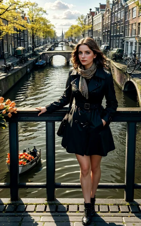 arafed woman standing on a bridge overlooking a canal with boats