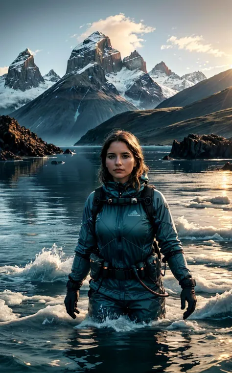 a woman in a blue jacket standing in the water with mountains in the background