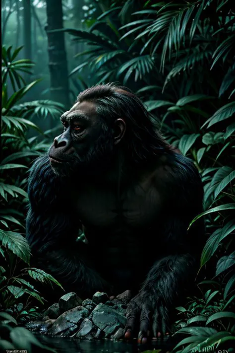 a gorilla sitting in the jungle with its head on a rock