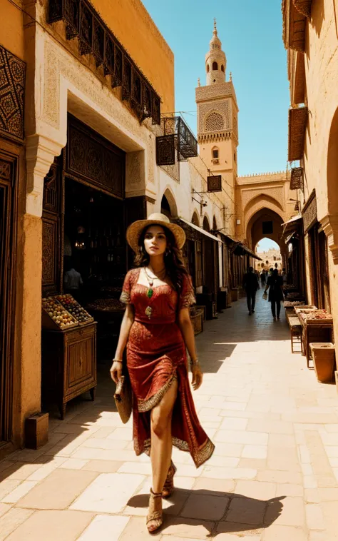 araffe woman in a red dress and hat walking down a street