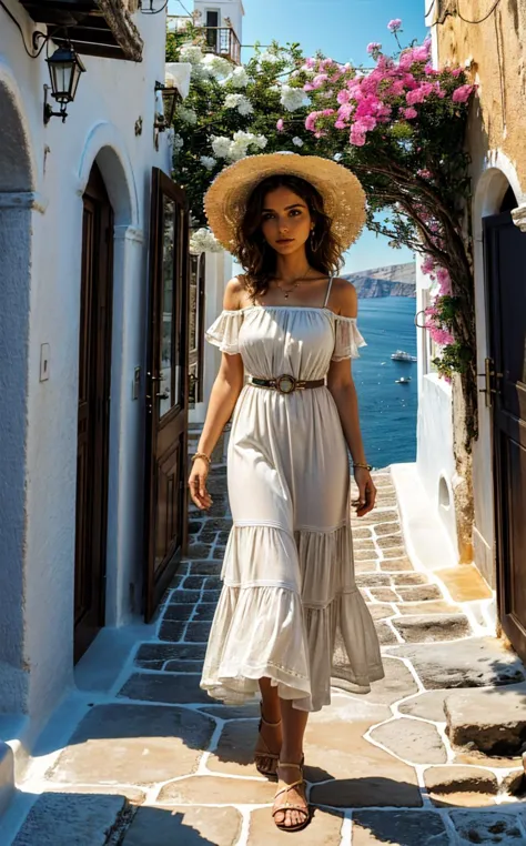 a woman in a white dress and straw hat walking down a narrow alley