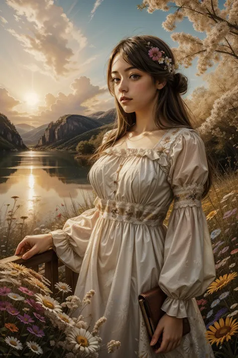 a woman in a white dress standing next to a lake