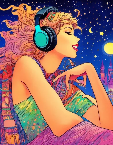 <lora:Milo_Manara_Style_Concept:0.7>
masterpiece of traditional media, mlmnr style, colorfull hand-drawn 
Woman, Listening to mu...