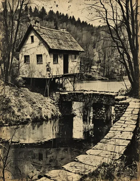 cottage by a lake with a bridge  <lora:cbs_novuschroma35 style:1.5> novuschroma35