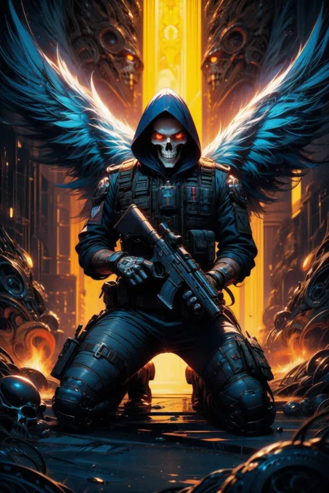 a man with a gun and wings stands in front of a city