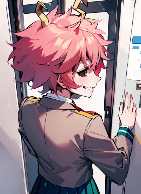 ((best quality)), ((highly detailed)), detailed face, beautiful face, , (1girl), (solo), back view, from behind, dynamic pose, upper body, ashido_mina, pink hair, short hair, black sclera, (pink skin), horns, large breasts, smiling, school uniform, blazer, (grey jacket), long sleeves, white collared shirt, (red necktie), green skirt, pleated skirt, black socks, brown loafers, (indoors, on an elevator)