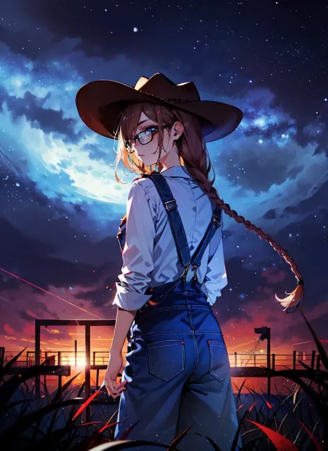 ((best quality)), ((highly detailed)), absurdres, (detailed eyes, deep eyes), (1girl), (glasses), back view, from behind, full body, country girl, long hair, low twin braids, freckles, muscular, cowboy hat, overalls, plaid shirt, on a farm, (outside, in an appartment, evening, night sky, stars, multiple moons), 