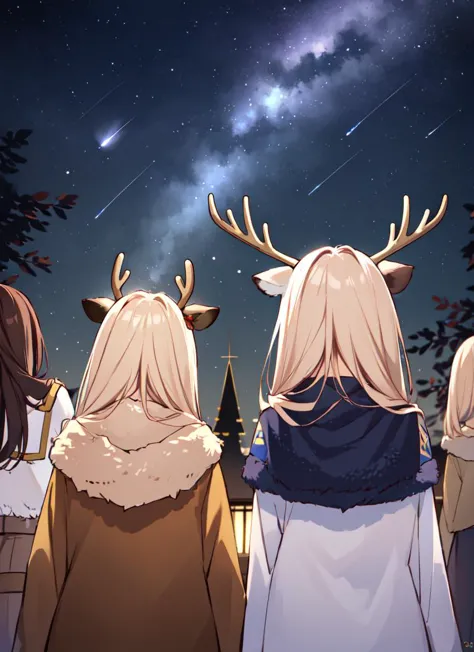 a group of people standing in front of a night sky