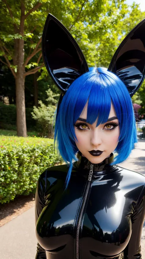 araffe in a black latex outfit with blue hair and ears