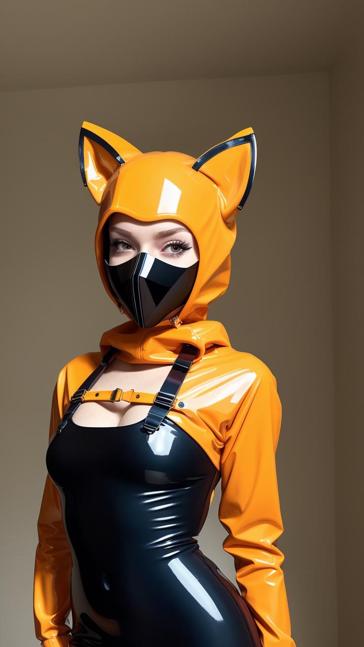 A close up of a woman in a latex outfit with a cat mask - SeaArt AI