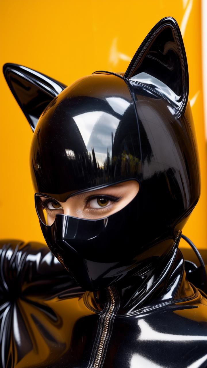 A close up of a person wearing a cat mask and a black jacket - SeaArt AI