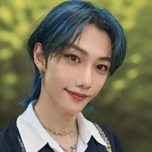 masterpiece,best quality,real,upper body portrait,masterpiece,Felix_\(Stray Kids\),prince,crown,evening dress:1.8,(white skin,lean body,male figure:1), (close-up photo:1.1),1boy,fair complexion,broad shoulders:1.5,(blue hair),smile,(blunt bangs,freckle)