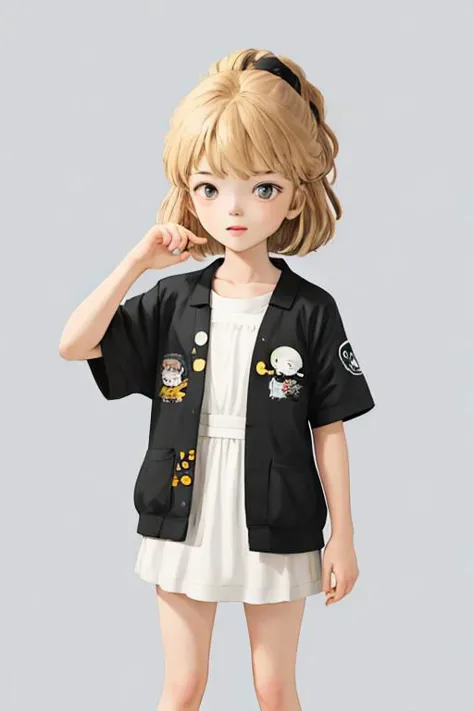 a close up of a doll with a black jacket and white dress