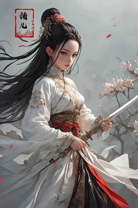 a woman in a white dress holding a sword and a flower